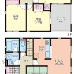 １F床面積：51.43㎡、２F床面積：53.86㎡（ﾙｰﾌﾊﾞﾙｺﾆｰ面積含む）(間取)